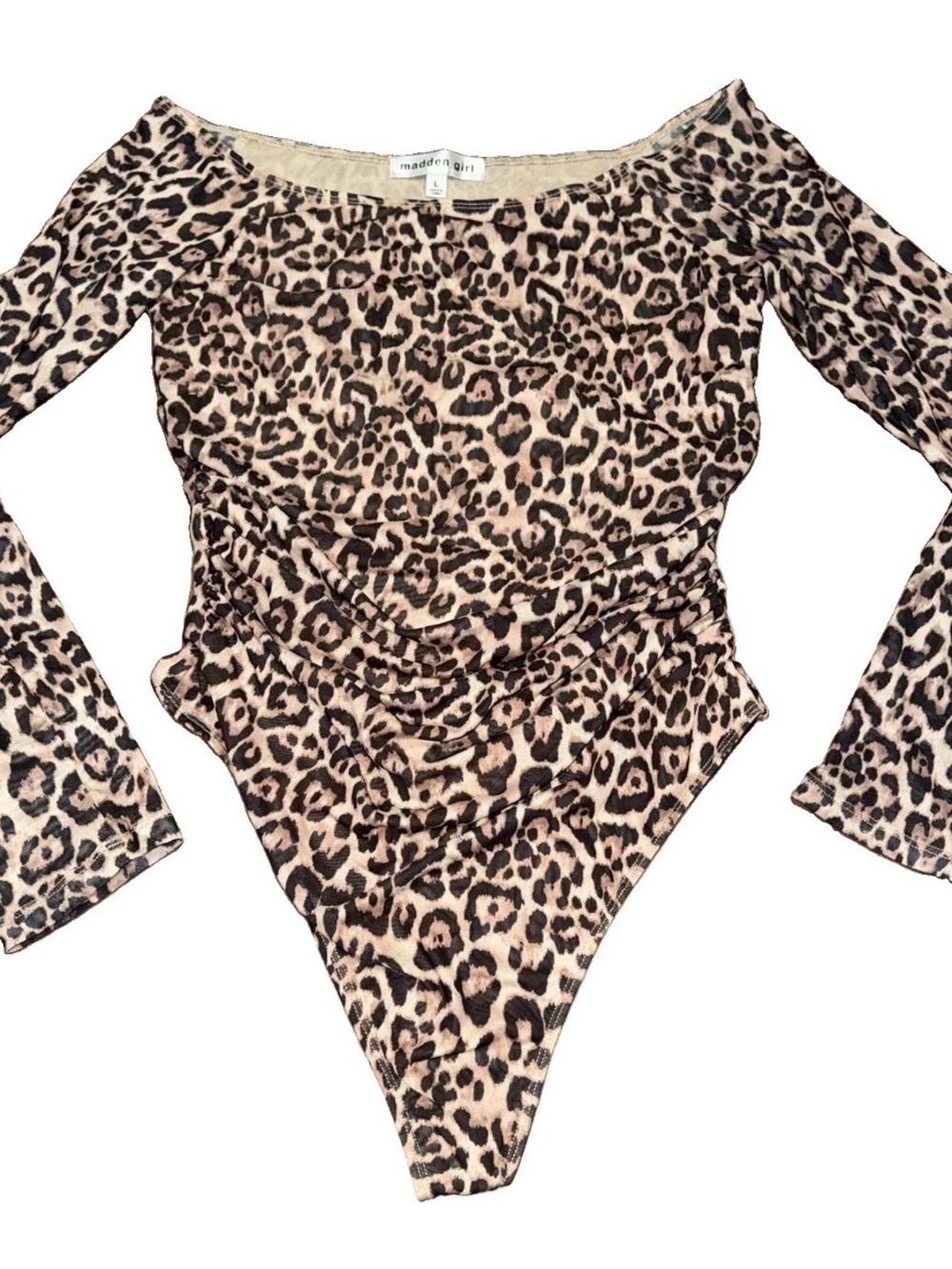 Madden Girl L Leopard Sheer Bodysuit Long Sleeve Off-Shoulder Edgy Layer Y2K 90s